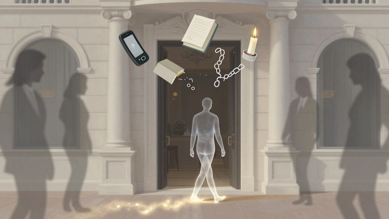 A transparent figure walks away from a hotel door, leaving behind glowing symbols of silence and freedom in a dreamlike, muted landscape.