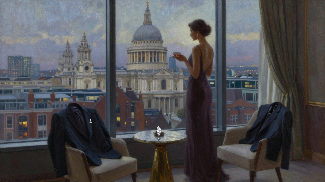 A woman stands by a London penthouse window at dusk, overlooking St. Paul’s Cathedral, tea in hand, the room serene and untouched.